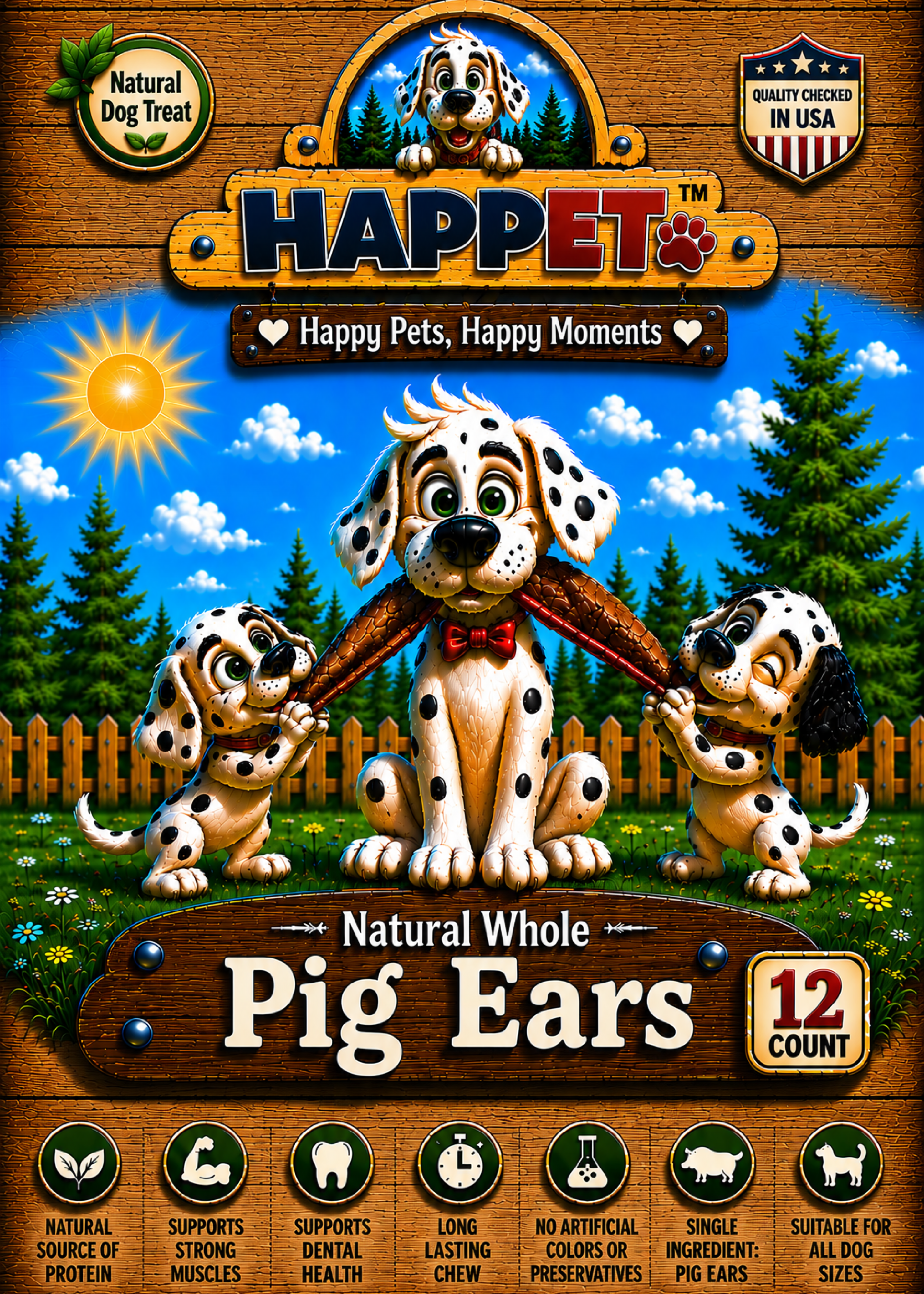 HAPPET Whole Pig Ears package with dogs and puppies